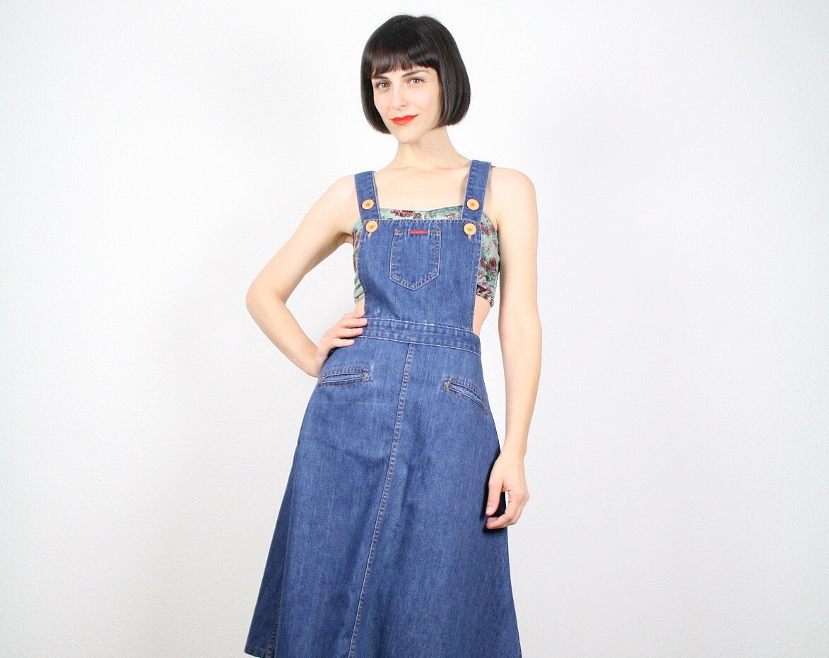 Vintage Overalls Dress Open Back Overall Jean Jumper Midi