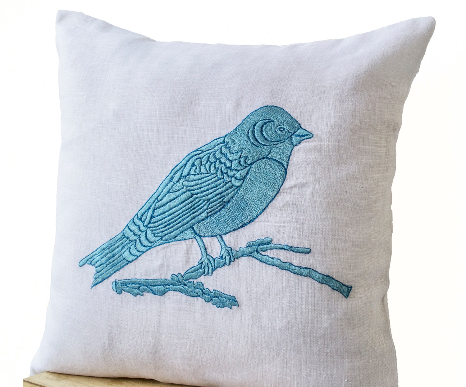 Decorative Throw Pillows Cover Blue Bird Embroidered White