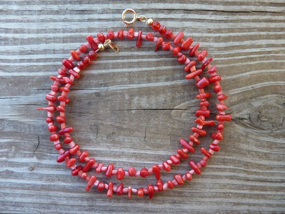 Red Coral Cupolini, Vintage Czech Glass and Bonus Beads Bead Necklace - 'Flame'