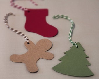 Die Cut Christmas Gift Tags set of Twelve with Stockings, Gingerbread Men and Christmas Trees, Party Favor Gift Tags
