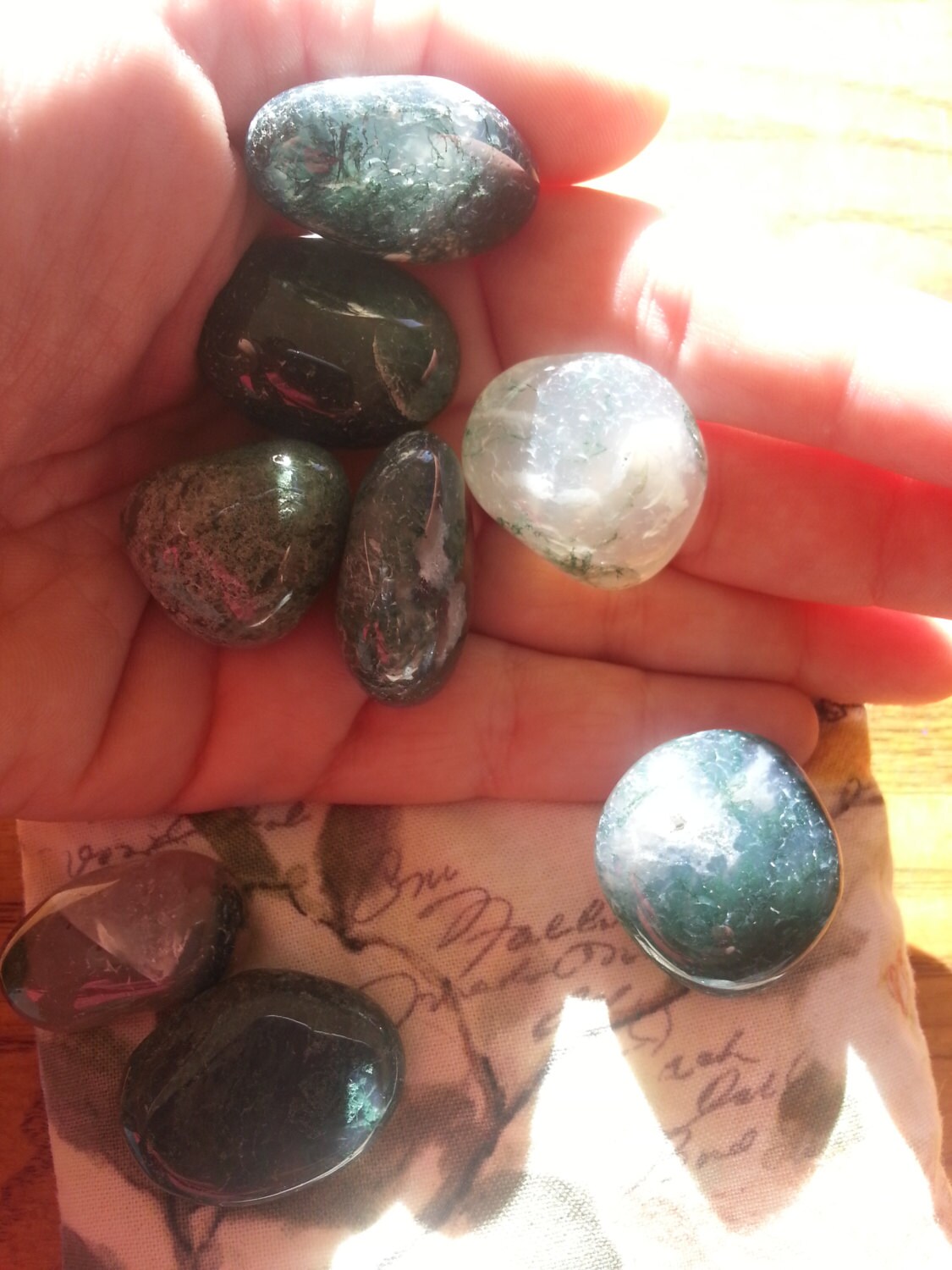 Moss Agate Tumbled Stones. Attract Abundance connect with