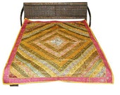 Indian Vintage Boho Decor Sequin Bed Sheet Yellow Patchwork Bedspreads