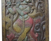 India Carving Door Panel Dancing Lord Krishna Hand Carved Wall Panels 72" X 36"