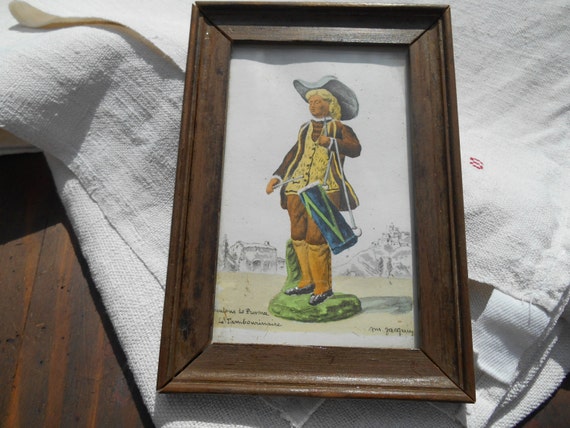 Le Tambourinaire Drummer Vintage 50's  French Provence Santon Watercolor Pastoral Print Wood Frame French Scriptures 1800's Costume Musician