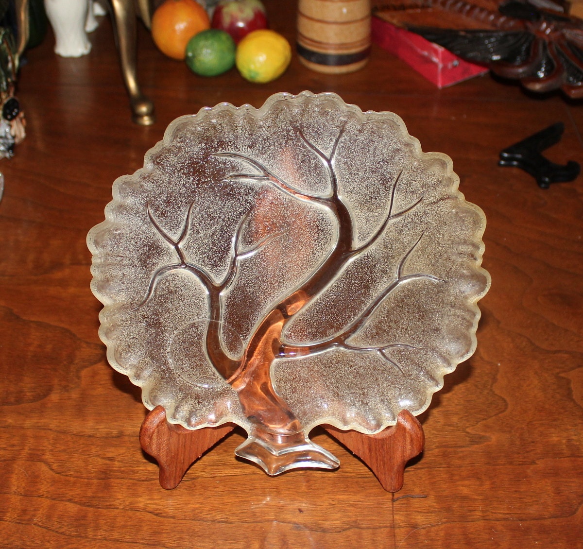 Vintage Glass Serving Platter Tree Motif Haute Juice