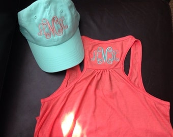 Coral tank and hat with monogram