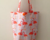 Gray & Orange Flamingo and Floral Reversible Tote Bag - Cotton Handmade