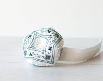PIN CUSHION wrist biscornu with stitched shamrocks and glass beads
