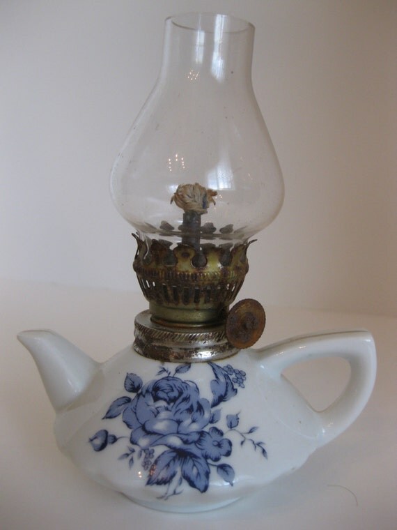 porcelain teapot ANTIQUE OIL LAMP blue rose shabby chic