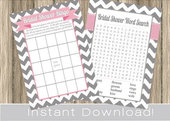 Pink and Gray BRIDAL Shower Games Set / Bingo and Word Search Cards / chevron / digital printable files / INSTANT DOWNLOAD Il_570xn