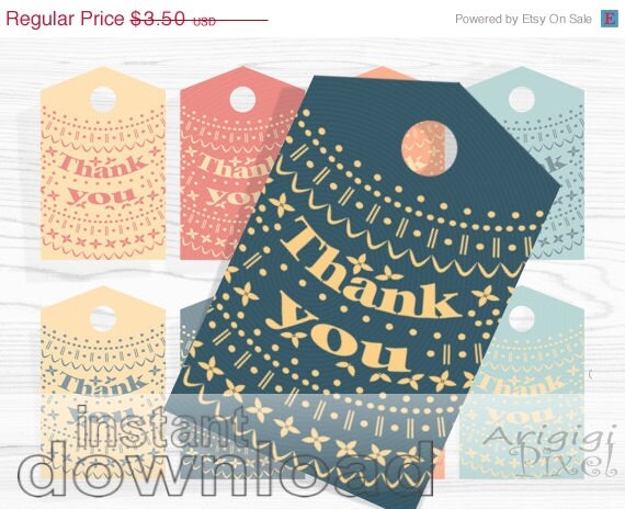 ON SALE 50 % OFF printable Thank you gift tag, Nordic pattern, orange, blue, for home made gift , label, canning, party favor, instant downl Il_570xn