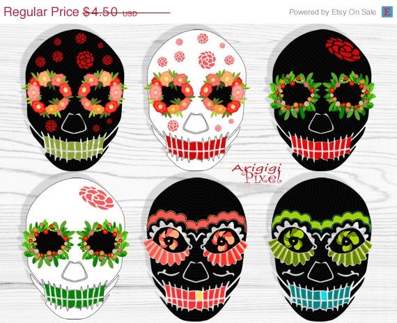 ON SALE 50 % OFF sugar sculls clip art set , 6 images, black, white, flowers, day of the dead, Halloween, commercial use, digital elements, Il_570xn