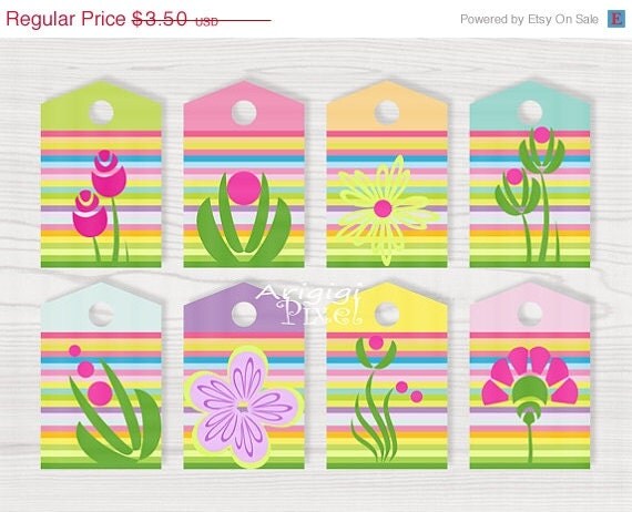 ON SALE 50 % OFF Spring Colors Gift Tag Easter Printables Colorful Stripes Springtime Flowers Instant Download Il_570xn