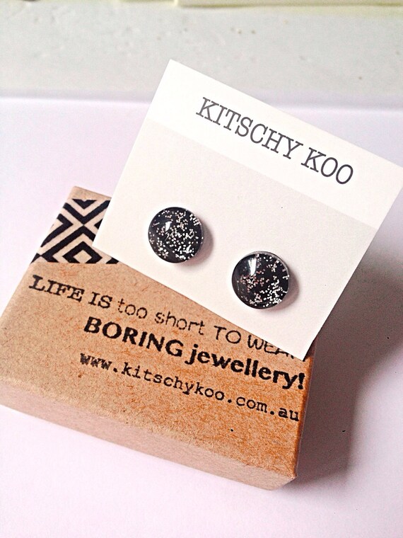 FREE SHIPPING - Black Silver Night Sky Earrings - Surgical Steel - Waterproof - Sensitive Ears - Glitter Sparkle Earrings - Silver Earrings