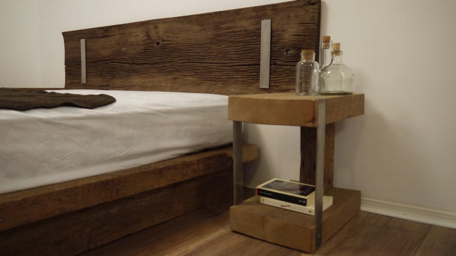 Night Stand. Reclaimed Wood and Metal Bedside Table. Modern