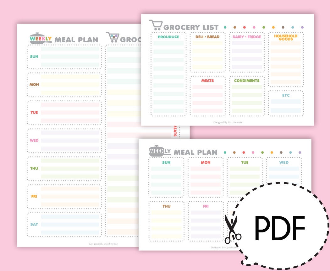 weekly meal planner grocery list printable pdf download from