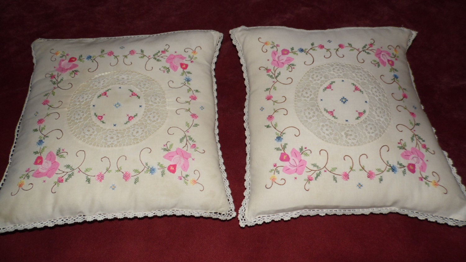 Shabby Chic Pink Lace Crochet/Embroidered Pillow by FabulousFinds1