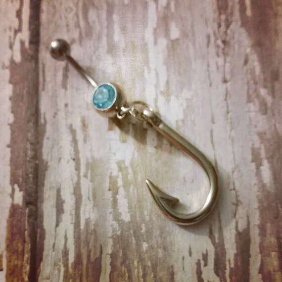 Blue navel belly ring with fish hook charm for the country