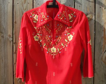 Vintage Chinese Embroidered Flower Shirt With Bell Sleeves Size Large Women's