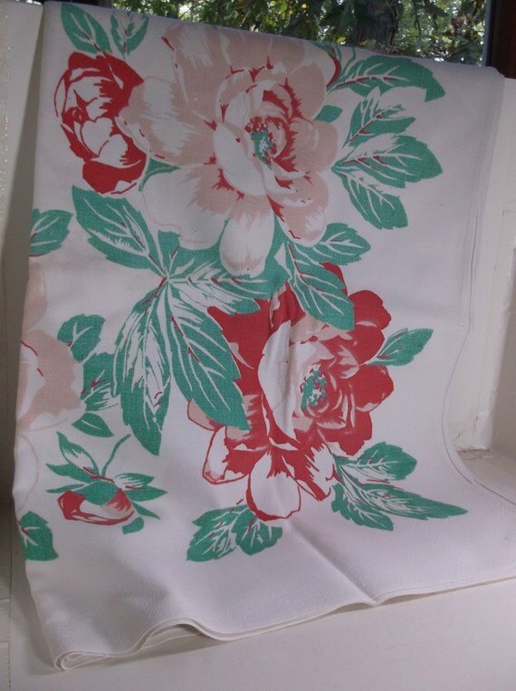 Vintage Table Cloth Pink and Red Flowers