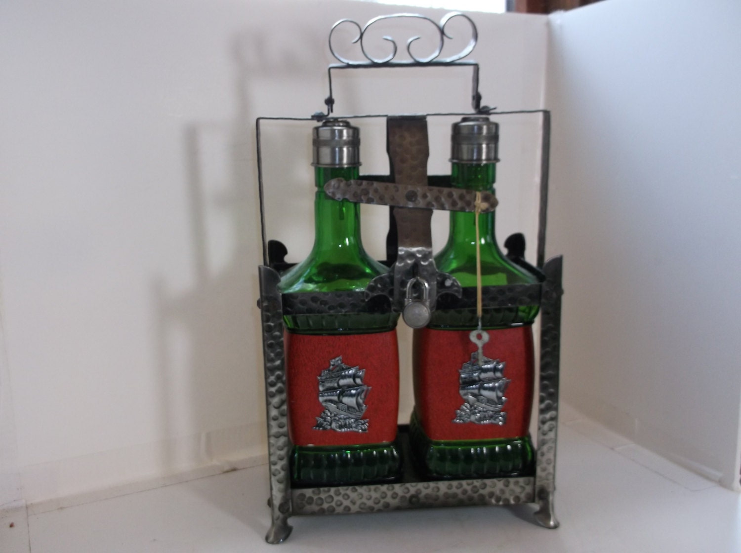 Vintage Liquor Set 2 Bottles in Metal Carrier