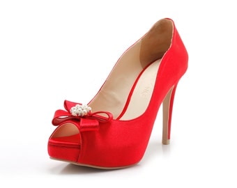 Items similar to Red Satin Thick Heel Bridal Shoes, Red Wedding Shoes ...