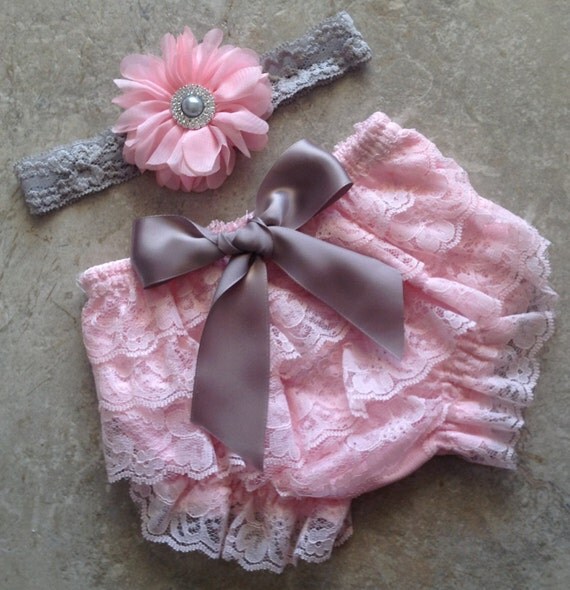 Pink Gray Bloomer Set Ivory Lace Diaper by BabyLiloHairBoutique
