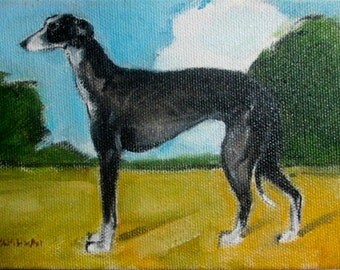 Original oil painting of a Greyhound with landscape