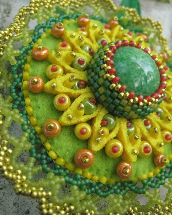 SALE Bead Embroidery Pendant Felt Flower Green Pendant