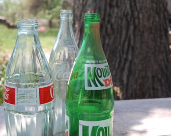 Collectible Coke, Mt. Dew Bottles, Screw top, Vintage Coke Bottle, Craft Glass