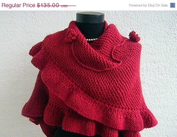 CHRISTMAS SALE Red Ruffled Scarf, Ruffle Shawl, Wool Warm Wrap, Woman Accessory, For Her, Ready to Ship, Winter Shawl, Express Cargo