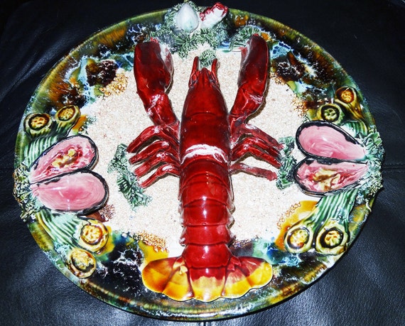 Palissy Pottery Charger Antique Handmade 3D Lobster Circa 1920 Home Decor