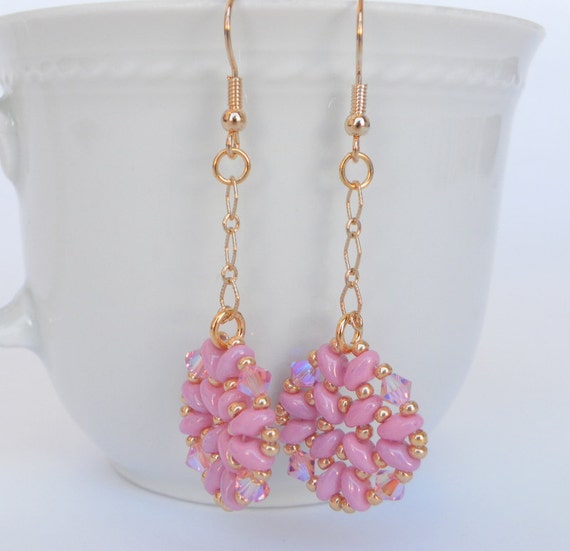 Long Dangling Pink Rose Gold Earrings Pastel Pink by LiBeadi