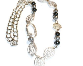 Organic Silver Leaves Asymmetrical Statement Necklace