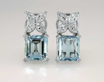 Classic 6ctw Emerald Cut Aquamarine & Marquise Diamond Earrings 14k