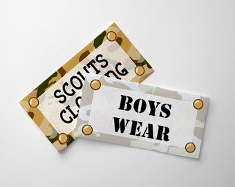 Camo Pattern Custom Fabric Labels • Sew-on or Iron-on • 80 Labels at 2 x 1" • Name Added • 12 Camo Colors • Uncut