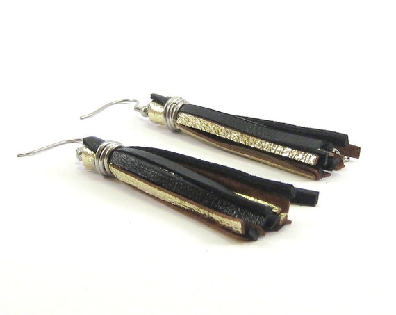 black and gold leather tassel earrings