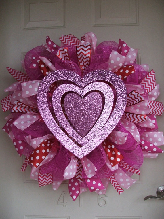 Valentine's Day - Valentine Heart Deco Mesh Wreath with Polka dot and Chevron ribbon