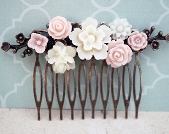 Ivory and dusty pink flower cherry blossom hair comb, bridal hair comb, Resin rose hair comb, brass leaves, No. H28