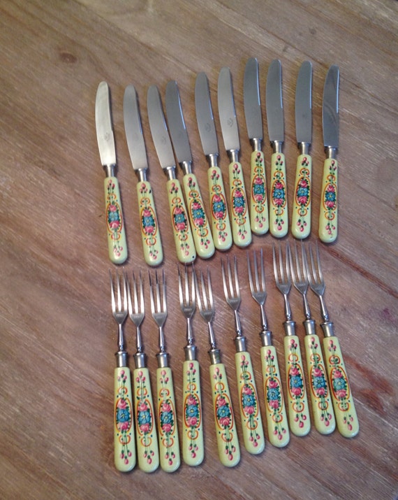 Set of 20 Vintage Appetizer Forks and Knives with Flowered
