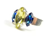 Lemon Statement Ring, Downton Abbey Style Adjustable Crystal Cocktail Ring with Jonquil Yellow & Heliotrope Blue Vintage Rhinestones