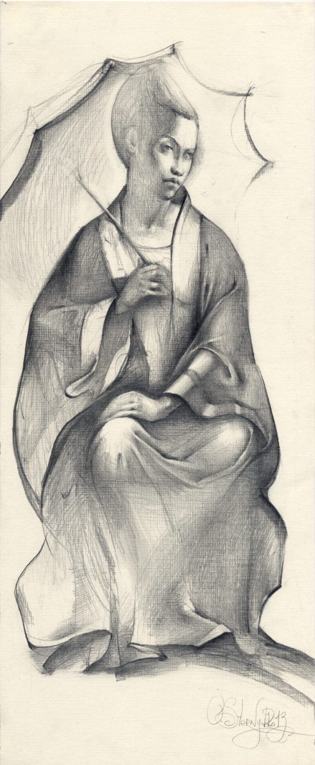  Geisha pencil drawing original woman drawing Geisha 