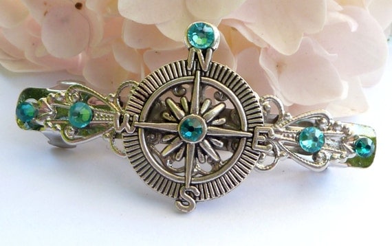 Small hair clip in turquoise silver with compass, nautical, navigation, rhinestone hair jewelry, compass rose, sea, exclusive hair jewelry