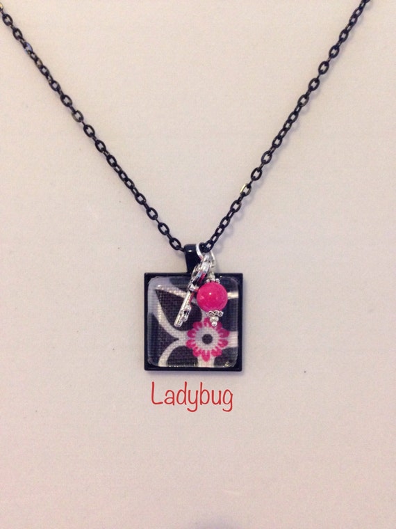 Necklace - Thirty-one fabric sample glass tile with pink bead and key ...
