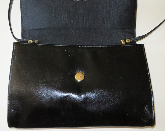 Black Leather Bag, Vintage Shoulder Bag, 1960s Black Purse, Mod Style Long Handled Bag