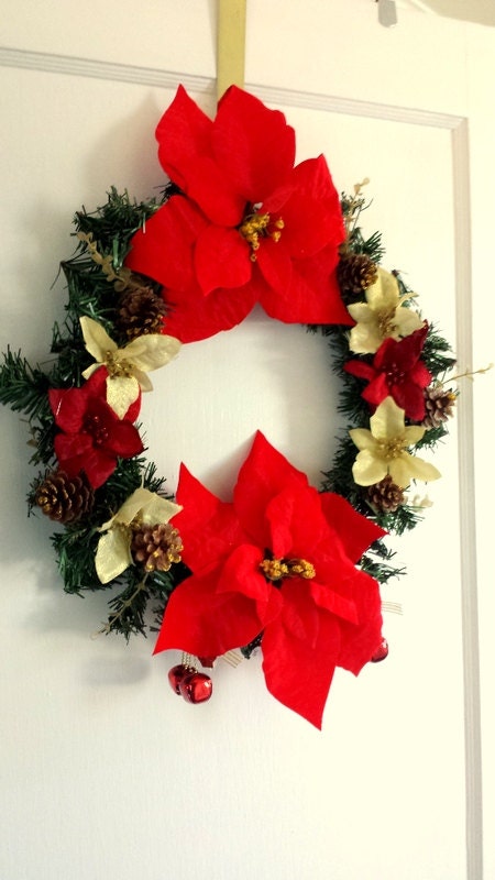 Christmas Floral Door Wreath: Large Red Poinsettias, Small Red and Gold Poinsettias, Glitter Gold Acorns and Faux Pine