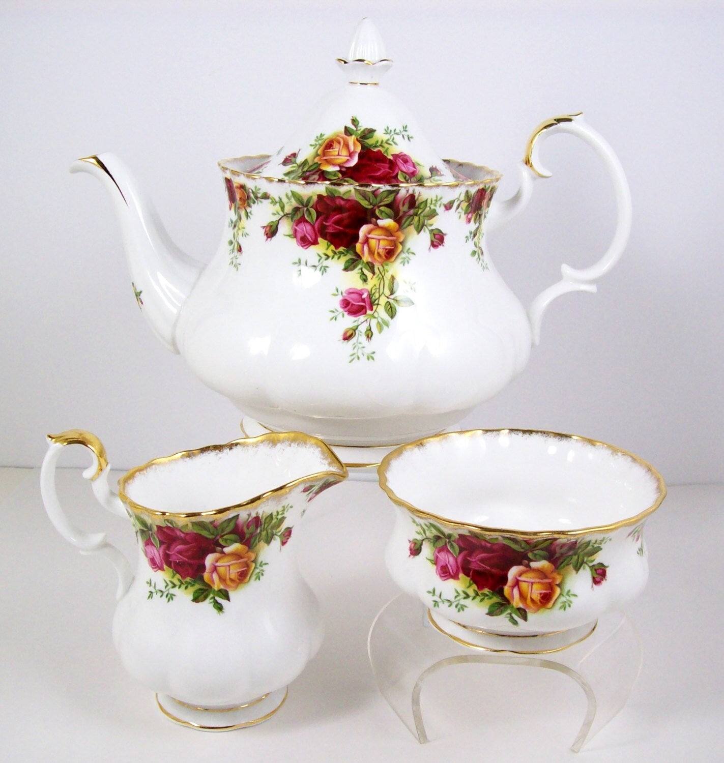 Vintage Royal Albert Teapot Cream Sugar Set Old Country Roses First