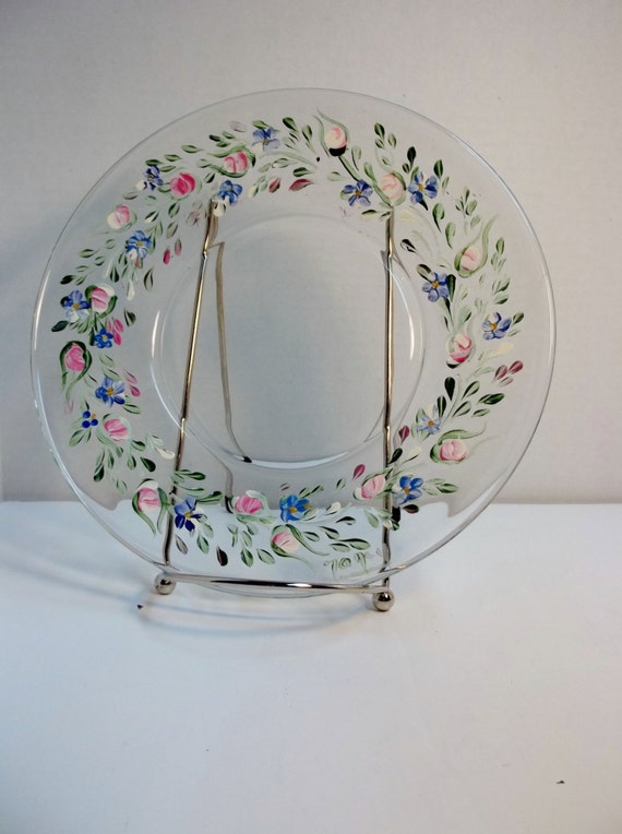 An 8 Clear Glass Plate Hand Painted in an by FolkArtByNancy