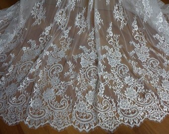 Ivory French Chantilly Lace Fabric Graceful Floral Wedding Fabric Bridal Mantilla Lace Fabric By The Yard