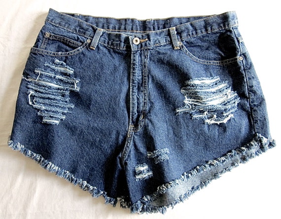 Plus Size high-waisted shredded cut-offs denim shorts Fits: